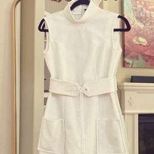 White Sleeveless Mock neck Dress with Belt Vintage